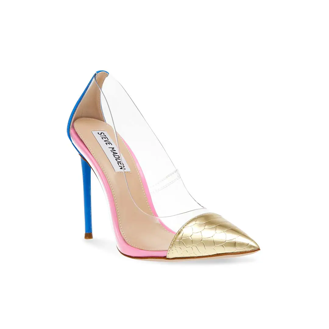 حذاء ملوّن بالكعب العالي والحواف الشفافة، مع لمسة من ألوان الوردي والذهبي والأزرق من ستيف مادن