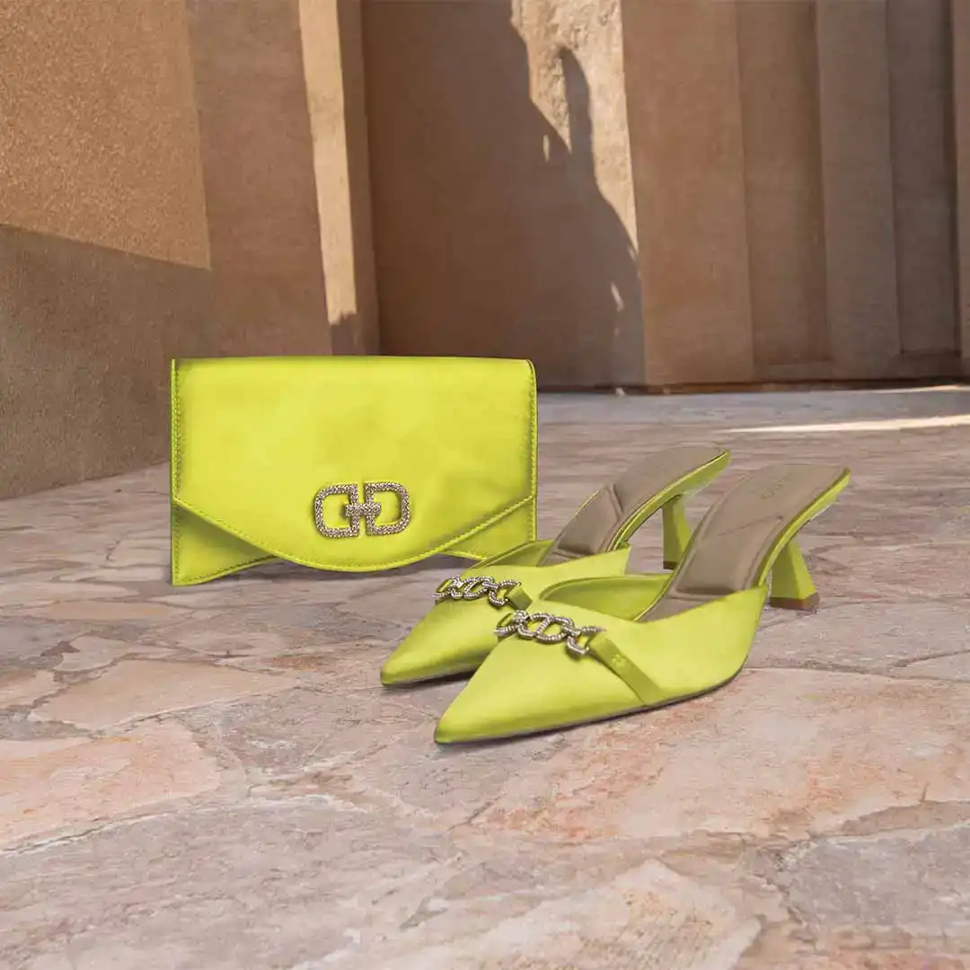 Yellow/Green Statement Clutch and mid-sized pointed Heels from ALDO