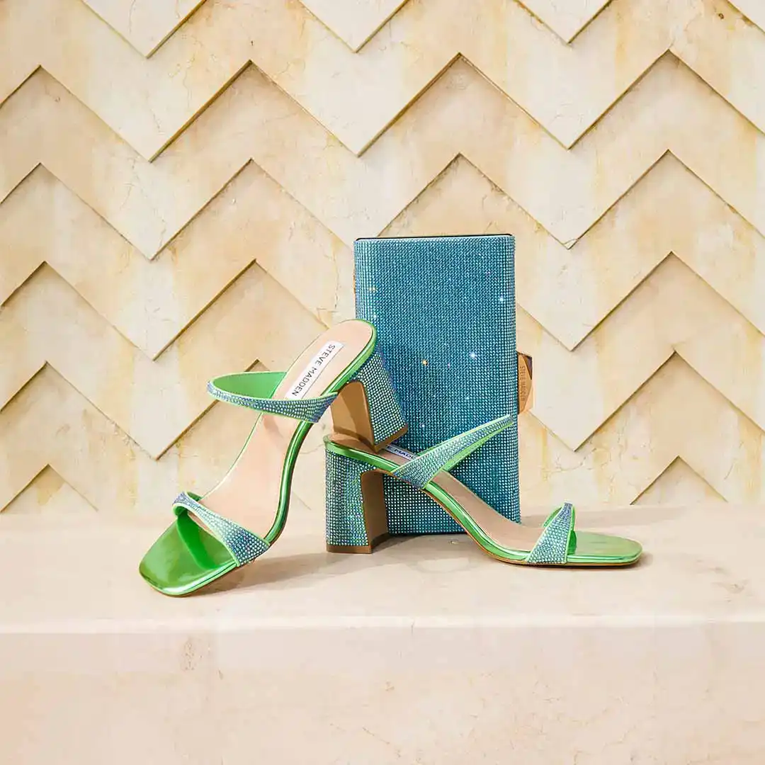 Steve Madden’s Green/Blue Block Heel Sandals and matching Clutch